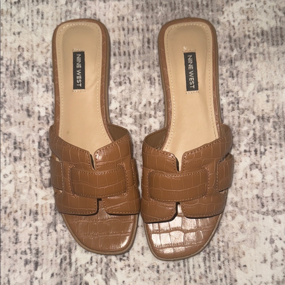 Nine West Tan Croc-Embossed Sandals